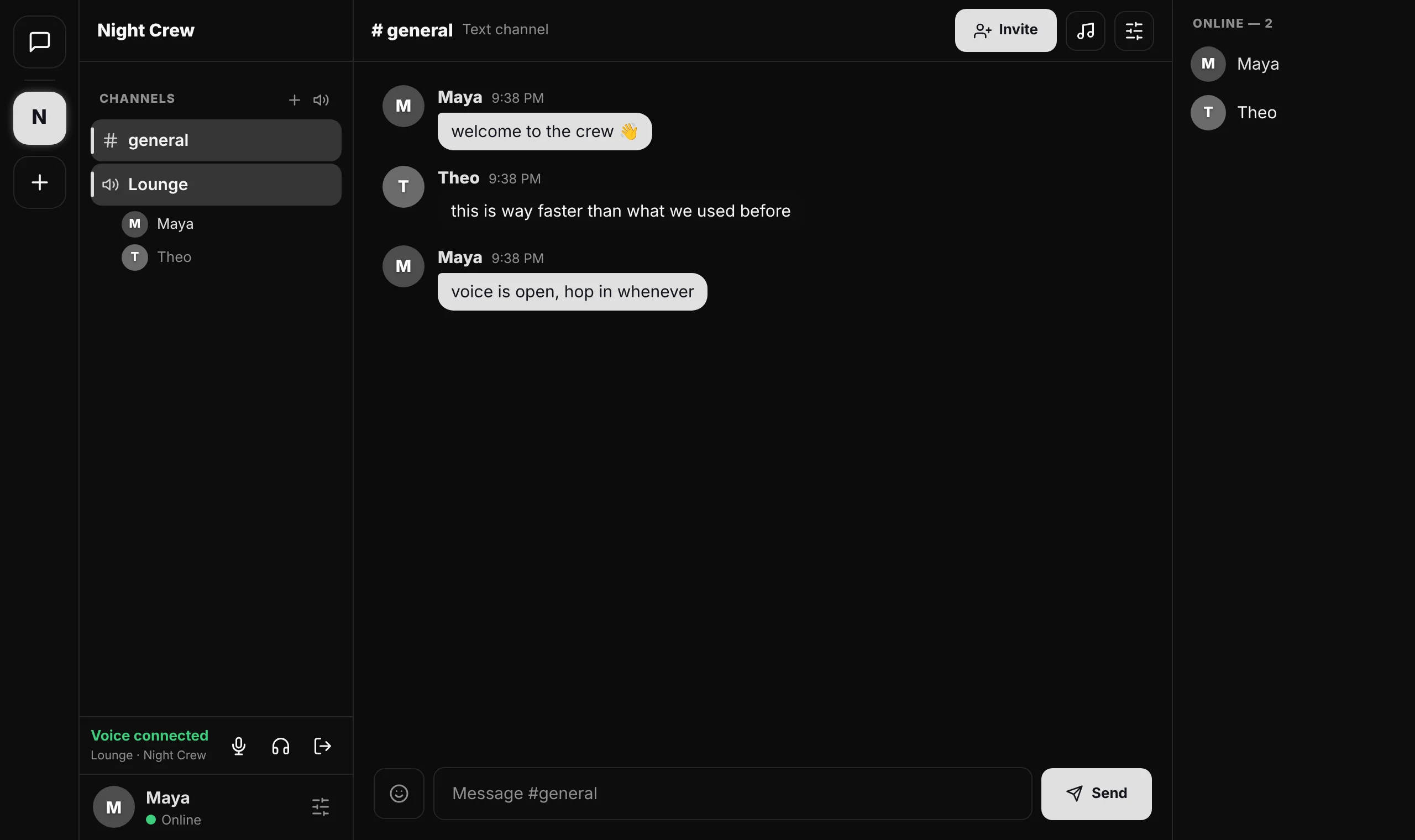 A Slate server with a text channel and a voice channel