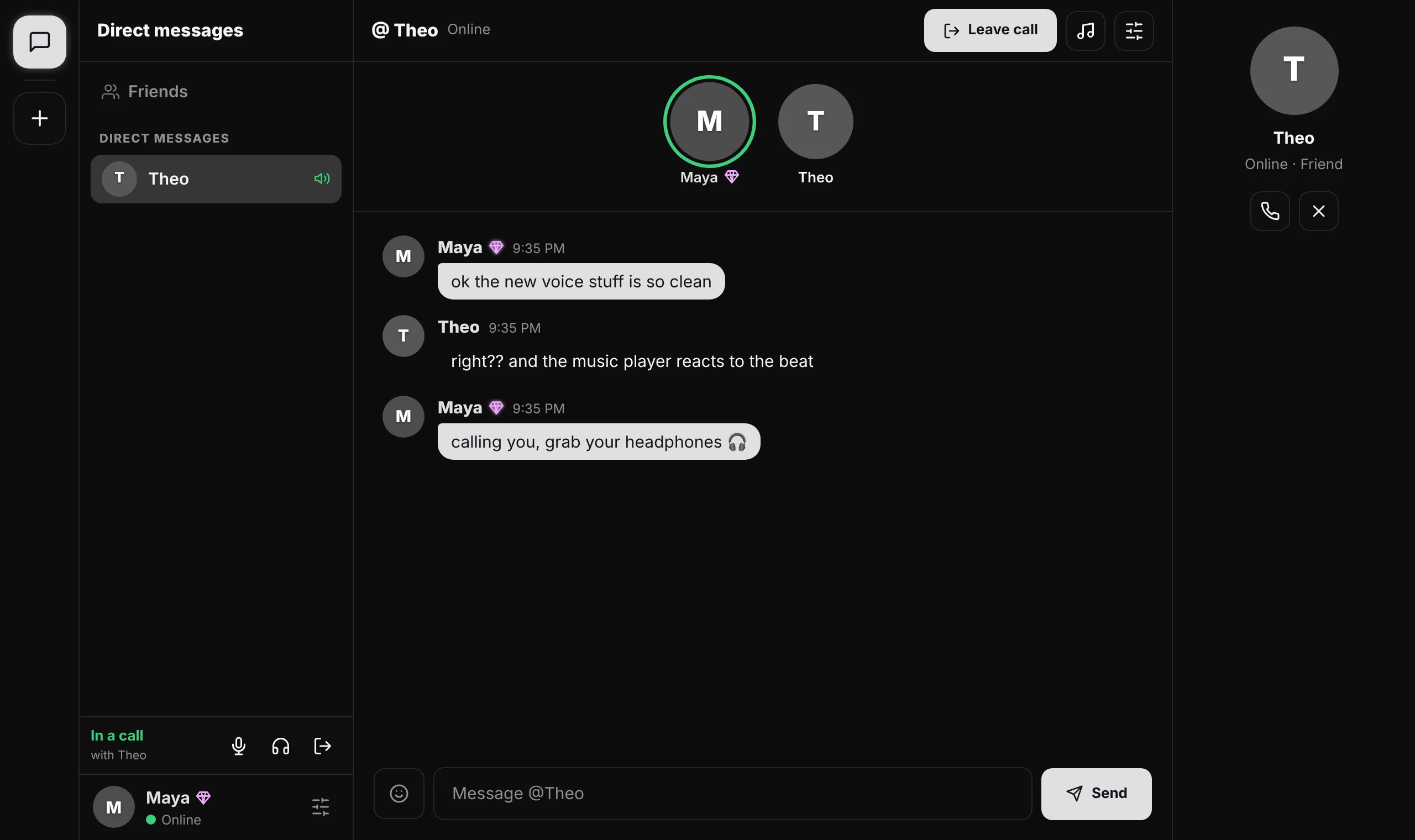A direct message conversation and a voice call in Slate